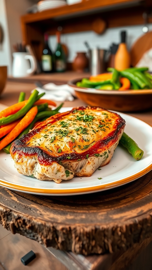Herb-crusted pork chop on a plate with roasted vegetables, garnished with fresh herbs.